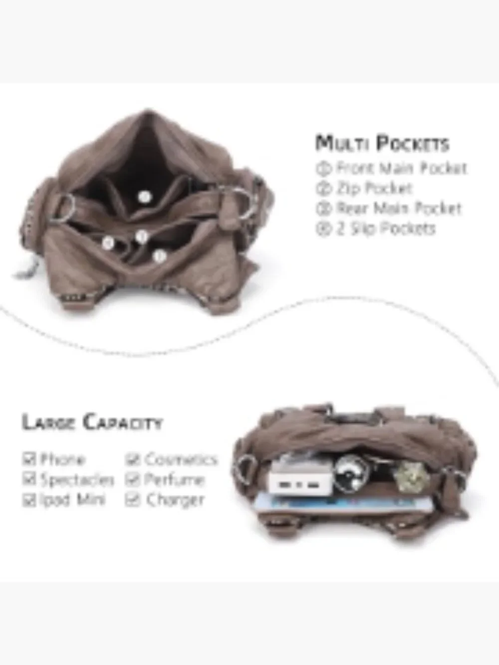 Women's Small Hobo Shoulder Bag Faux Leather Multi-Pocket Tote with Zipper